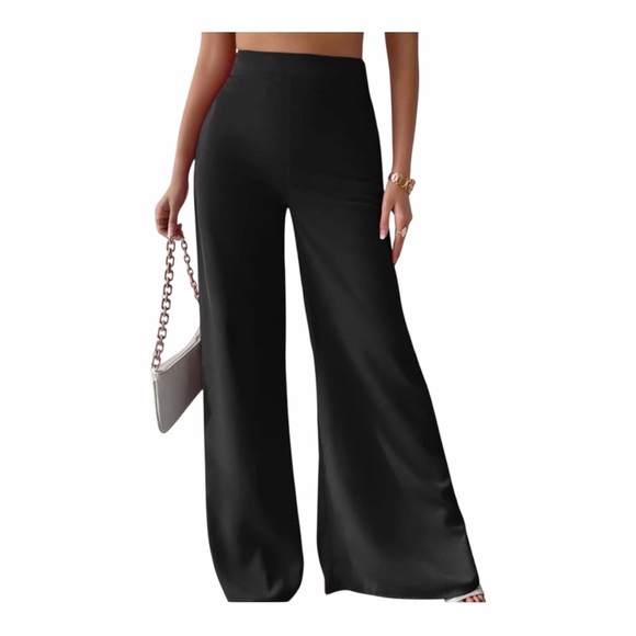 bydesign888 Pants - Black Wide Leg Palazzo Pants Size L High Waist Elegant Flowy Trousers
